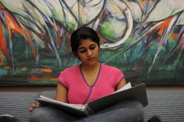 A student studying outside