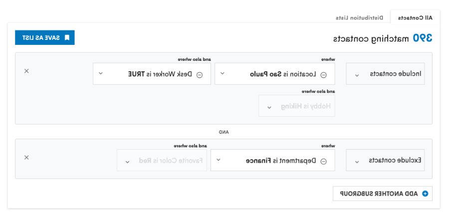 Example window of filtering users for a custom distribution list in Staffbase